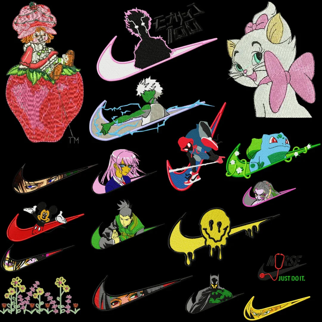 Diseños digitales variados con personajes animados, swoosh Nike y colores vibrantes, edición LimitedMX. Diseño digital para impresión DTF y Sublimación. Alta Resolución.