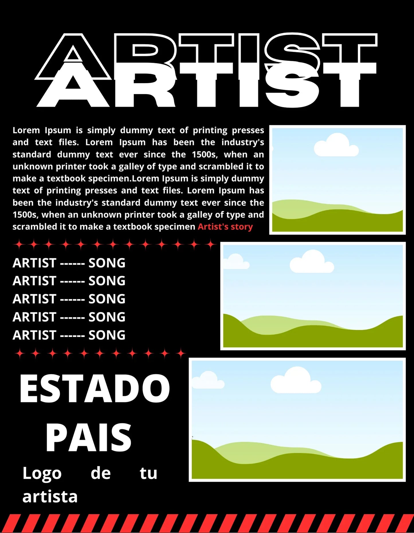 Plantilla artística negra con texto 'ARTIST', paisajes minimalistas y espacio para canciones, estado y país. Diseño digital para impresión DTF y Sublimación, Alta Resolución, LimitedMX.