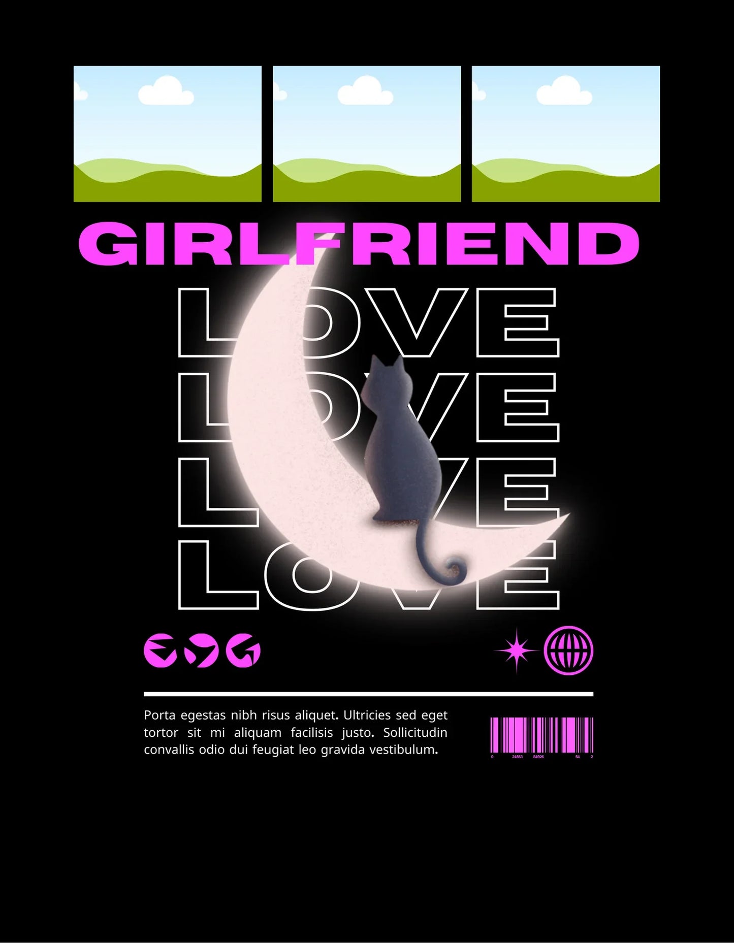 Diseño de gato negro sobre luna blanca con texto GIRLFRIEND y LOVE, elementos gráficos modernos. LimitedMX. Diseño digital para impresión DTF y Sublimación. Alta Resolución.