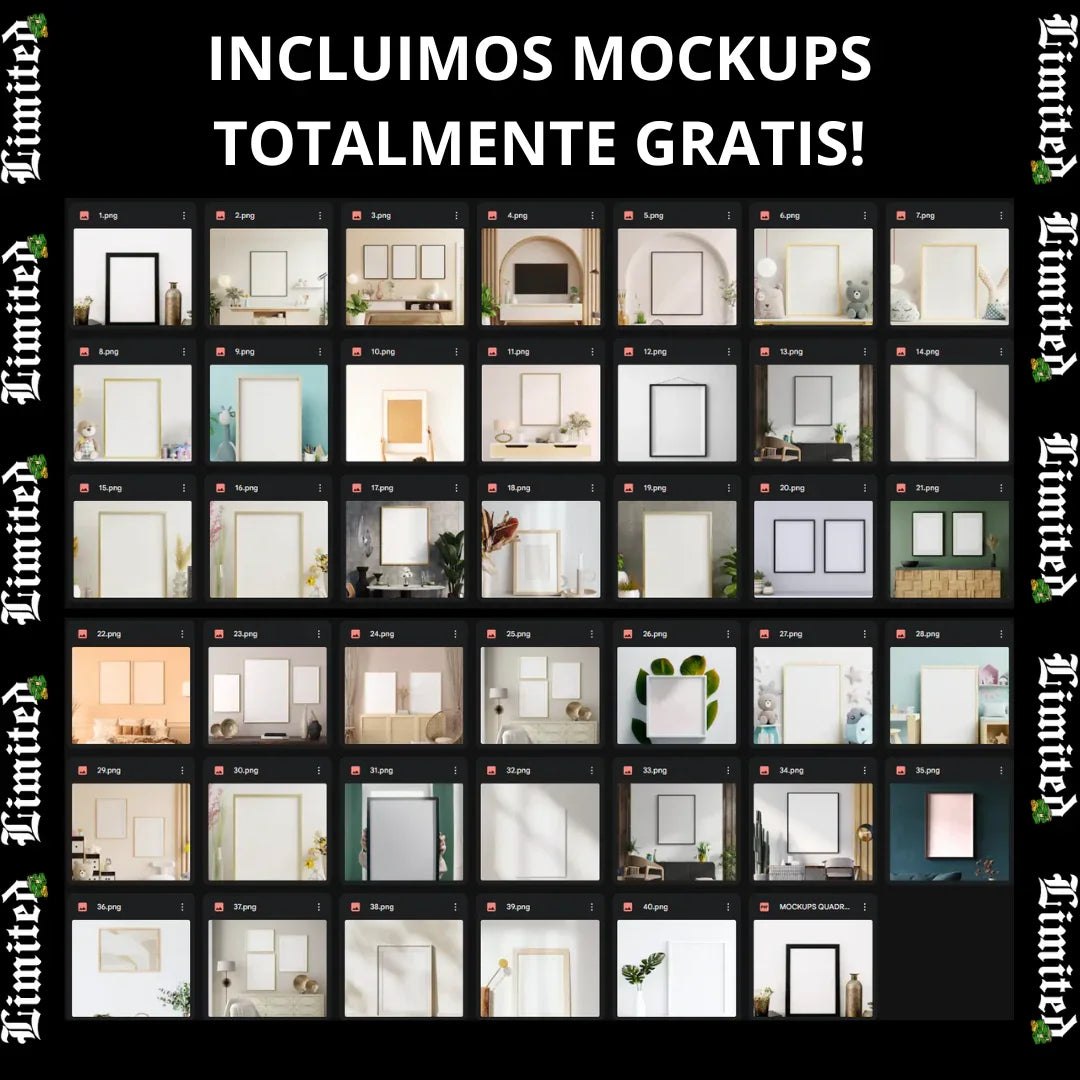 Mosaico de mockups de cuadros en interiores modernos, fondo promocional de LimitedMX. Diseño digital para impresión DTF y Sublimación. Alta Resolución.