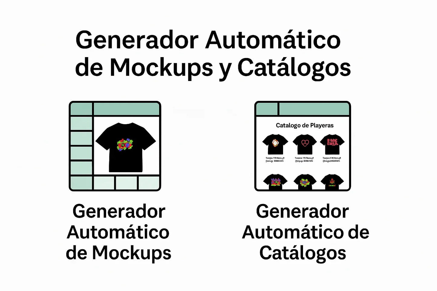 Gráfico de LimitedMX mostrando generador automático de mockups y catálogos de playeras, íconos de camiseta y catálogo. Diseño digital para impresión DTF y Sublimación. Alta Resolución.