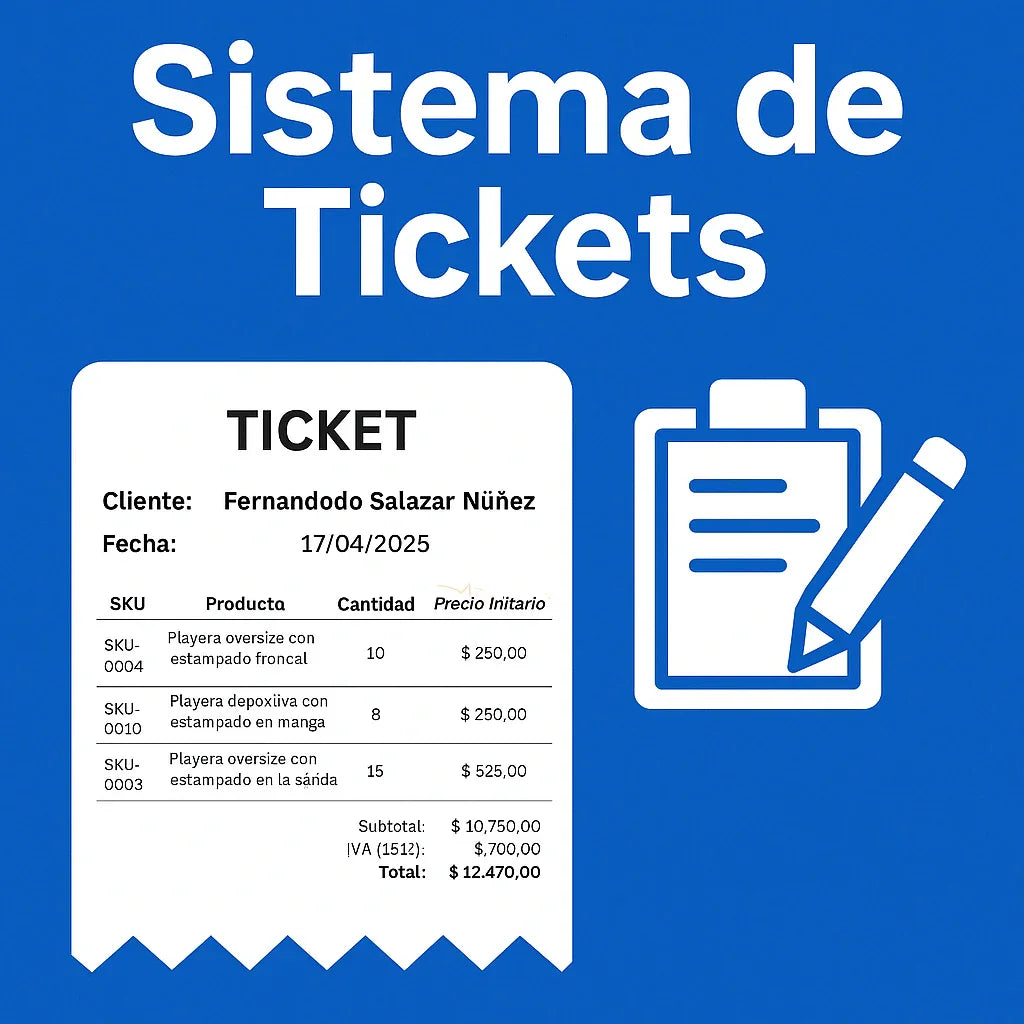 Diseño digital de sistema de tickets con recibo detallado y clipart de lista sobre fondo azul, LimitedMX. Diseño digital para impresión DTF y Sublimación. Alta Resolución.