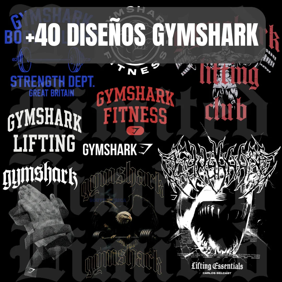 Collage de más de 40 diseños artísticos de Gymshark con estilos tipográficos variados, figuras musculosas y elementos de fitness, fondo negro. Diseño digital para impresión DTF y Sublimación, Alta Resolución. LimitedMX.