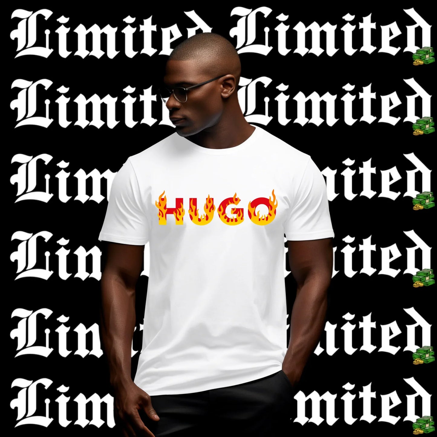 Playera blanca con diseño artístico de la palabra 'HUGO' en letras con fuego, fondo negro con repetición de 'Limited' en tipografía gótica. Marca LimitedMX. Diseño digital para impresión DTF y Sublimación. Alta Resolución.