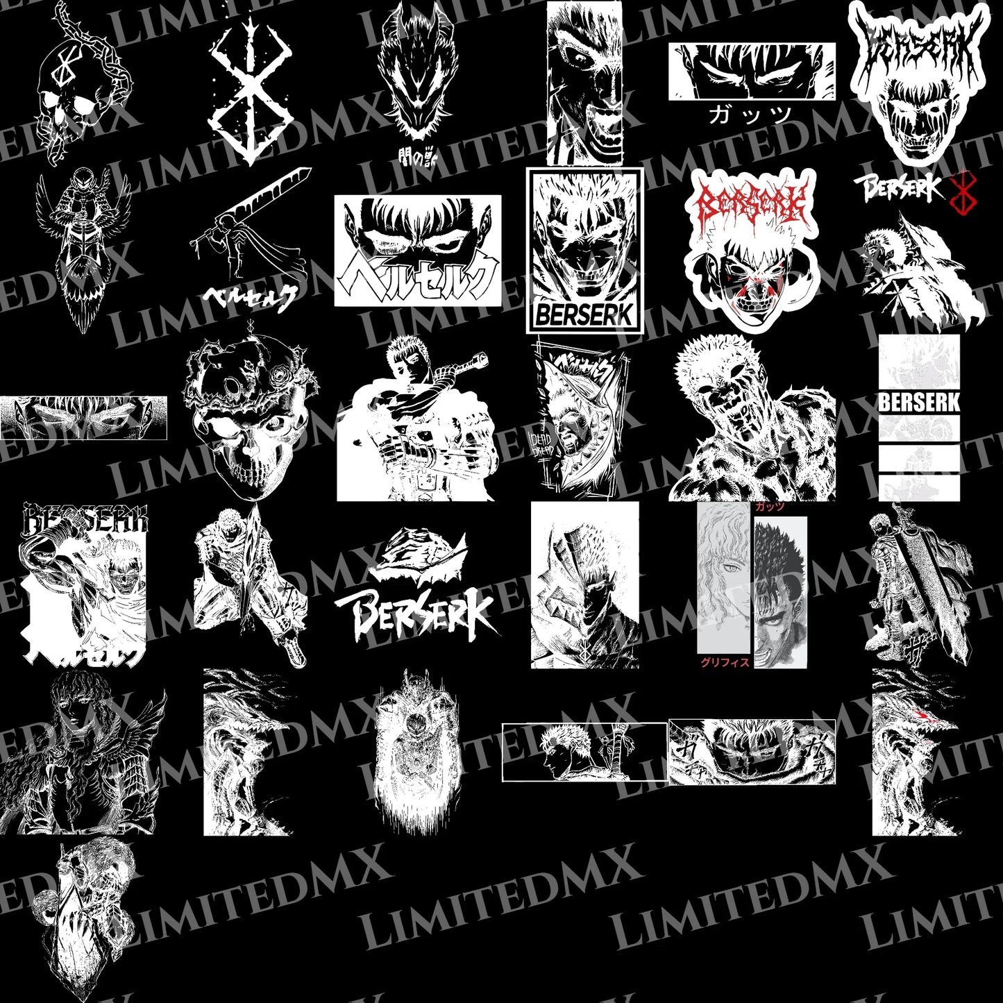 Collage de arte estilo manga con personajes de Berserk en blanco y negro, detalles oscuros y épicos, letras japonesas y logos. Diseño digital para impresión DTF y Sublimación, Alta Resolución. LimitedMX.