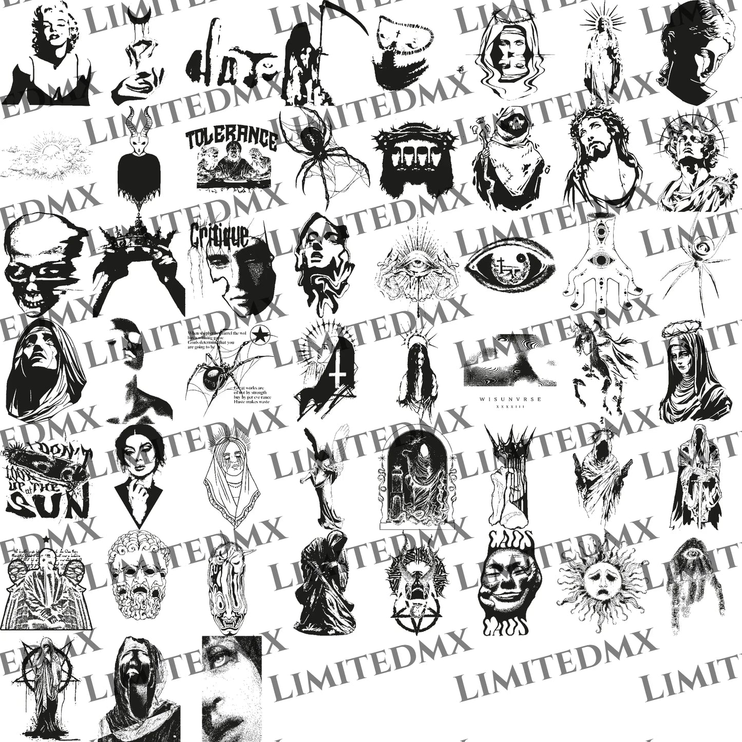 Collage de ilustraciones artísticas oscuras y religiosas en blanco y negro, sello LimitedMX. Diseño digital para impresión DTF y Sublimación. Alta Resolución.