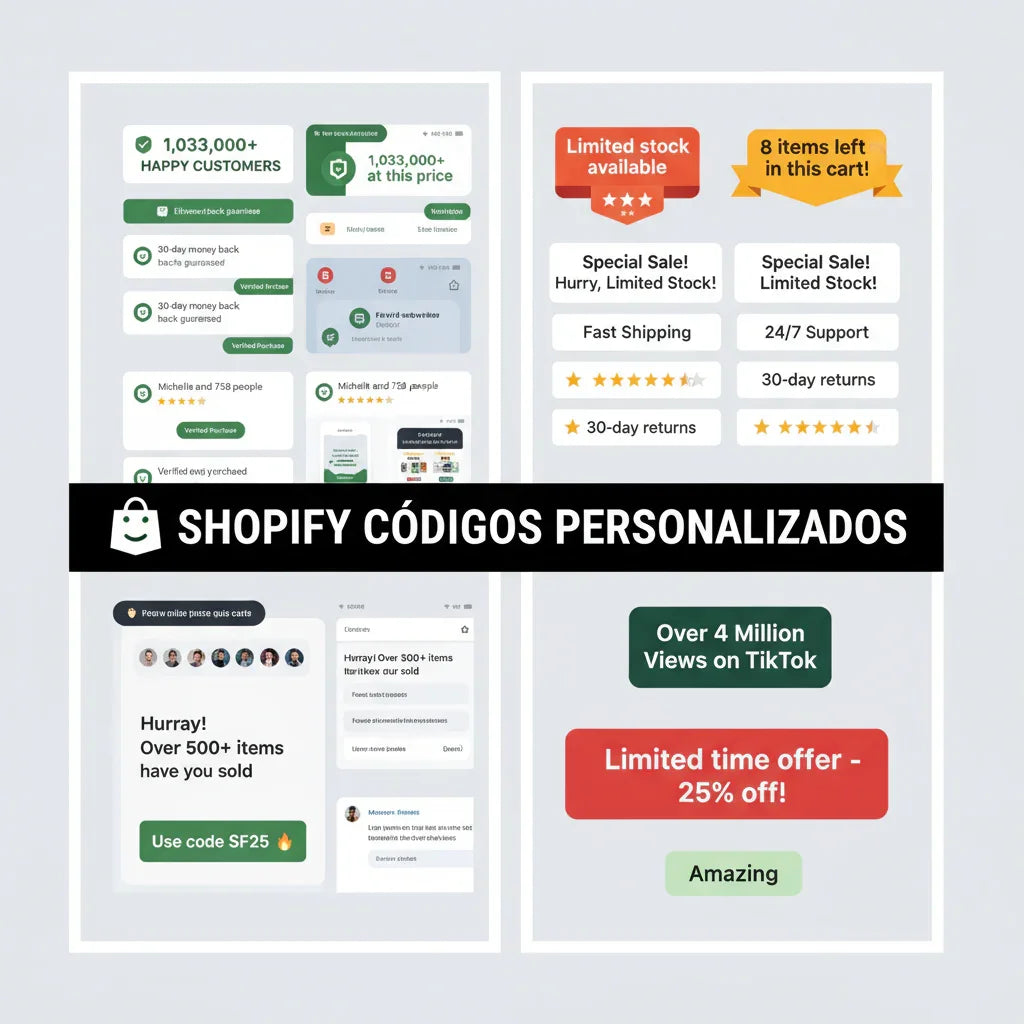Mockup de interfaz de Shopify con códigos personalizados, botones verdes y rojos, texto destacado y valoraciones de usuarios. Diseño digital para impresión DTF y Sublimación, Alta Resolución, LimitedMX.