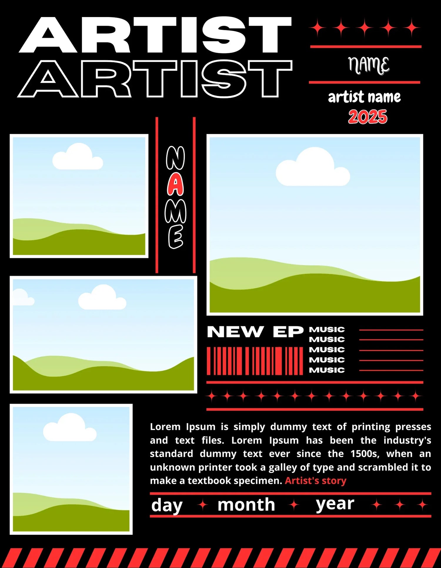 Mockup artístico de portada de álbum estilo plantilla con cuadros para fotos y textos en fondo negro, detalles en rojo y blanco, formato moderno de presentación musical. Diseño digital para impresión DTF y Sublimación, Alta Resolución. LimitedMX.