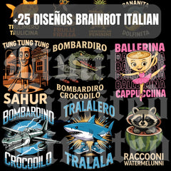 Diseños digitales coloridos con personajes caricaturescos, texto divertido y estilo italiano; incluye animales, avión cocodrilo, bailarina cappuccina y mapache en sandía. Diseño digital para impresión DTF y Sublimación, Alta Resolución. LimitedMX.