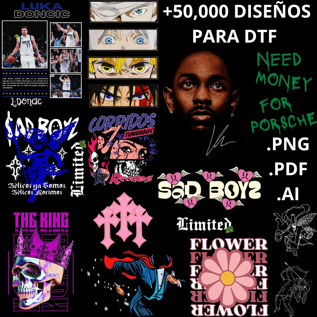 diseño DTF Luka Doncic NBA

arte DTF estilo anime ojos close-up

diseños DTF Sad Boys

frases urbanas para DTF ("Need money for Porsche")

corridos tumbados diseño DTF

diseño DTF cultura urbana

calavera con corona diseño DTF

diseño DTF rosa psicodélica

arte estilo gótico urbano para DTF

archivo DTF en PNG PDF AI

diseño DTF para ropa oversize

collage de diseños para estampado DTF

mezcla de estilos urbanos y cultura pop en diseño DTF

diseños DTF edición limitada

vampiro ilustración para impresión DT