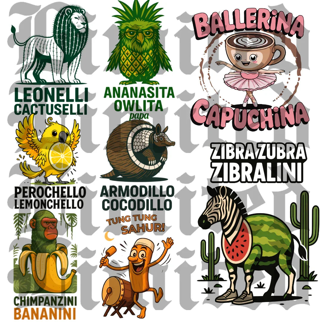 Ilustraciones de animales y objetos fusionados creativamente con frutas y elementos divertidos, como león-cactus, piña-búho, cebra-sandía y taza-bailarina, en estilo caricatura colorido. Diseño digital para impresión DTF y Sublimación, Alta Resolución, LimitedMX.