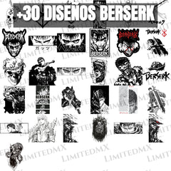 Collage de más de 30 diseños en blanco y negro inspirados en Berserk, con personajes y logotipos detallados. Diseño digital para impresión DTF y Sublimación, Alta Resolución. LimitedMX.