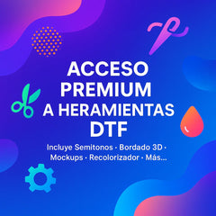 Banner promocional con fondo degradado azul y morado, iconos de diseño y texto central: 'ACCESO PREMIUM A HERRAMIENTAS DTF. Incluye Semitonos · Bordado 3D · Mockups · Recolorizador · Más...