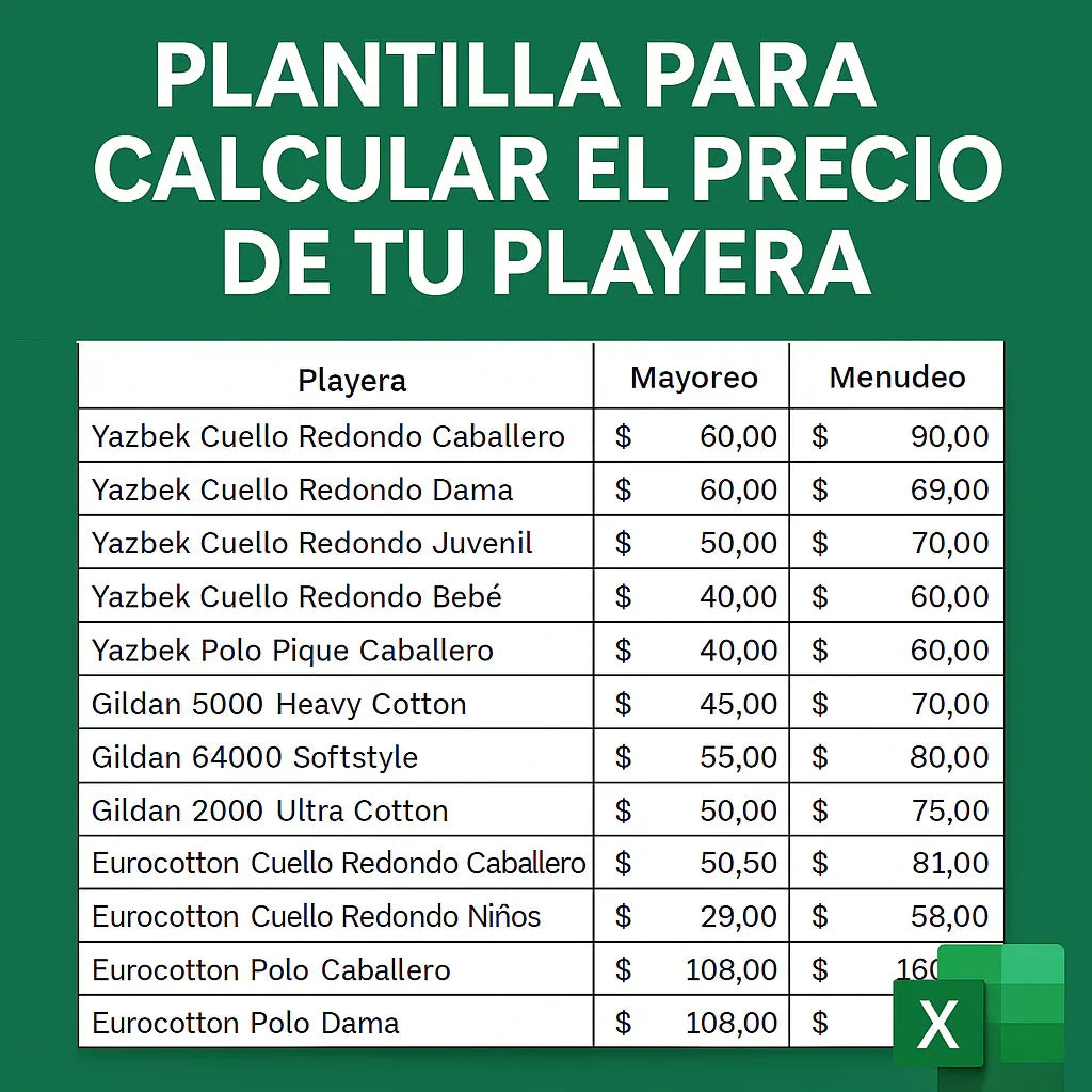 plantilla para calcular precio de playeras

precios de camisetas Yazbek Gildan Eurocotton

tabla de costos mayoreo y menudeo para ropa

precios playeras para impresión DTF

lista de precios camisetas para emprendedores

referencia de precios camisetas por tipo y marca

cotizador de camisetas Yazbek, Gildan, Eurocotton

guía de costos para tienda de estampados

tabla para definir márgenes de ganancia en ropa

calculadora de precios para personalización textil

precios de playeras cuello redondo y polo

plant