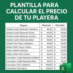plantilla para calcular precio de playeras

precios de camisetas Yazbek Gildan Eurocotton

tabla de costos mayoreo y menudeo para ropa

precios playeras para impresión DTF

lista de precios camisetas para emprendedores

referencia de precios camisetas por tipo y marca

cotizador de camisetas Yazbek, Gildan, Eurocotton

guía de costos para tienda de estampados

tabla para definir márgenes de ganancia en ropa

calculadora de precios para personalización textil

precios de playeras cuello redondo y polo

plant