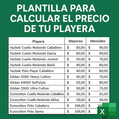 plantilla para calcular precio de playeras

precios de camisetas Yazbek Gildan Eurocotton

tabla de costos mayoreo y menudeo para ropa

precios playeras para impresión DTF

lista de precios camisetas para emprendedores

referencia de precios camisetas por tipo y marca

cotizador de camisetas Yazbek, Gildan, Eurocotton

guía de costos para tienda de estampados

tabla para definir márgenes de ganancia en ropa

calculadora de precios para personalización textil

precios de playeras cuello redondo y polo

plant