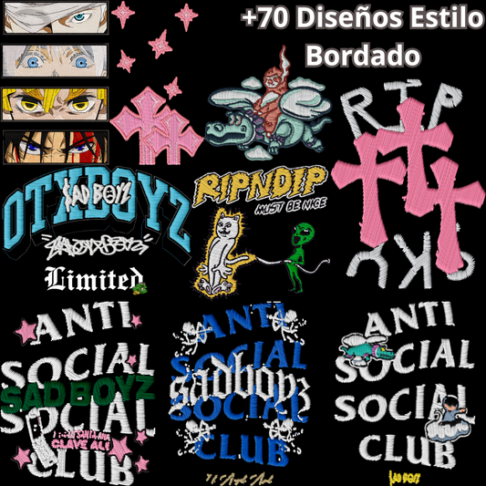 Paquete de 70+ Diseños DTF Estilo Bordado en PNG