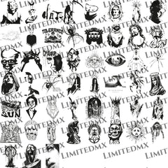 Collage de ilustraciones artísticas oscuras y religiosas en blanco y negro, sello LimitedMX. Diseño digital para impresión DTF y Sublimación. Alta Resolución.