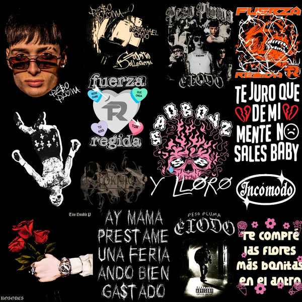 Collage de diseños urbanos con textos, retratos, ilustraciones y frases populares, con logos de Peso Pluma, Fuerza Regida y flores. Diseño digital para impresión DTF y Sublimación. Alta Resolución. LimitedMX.