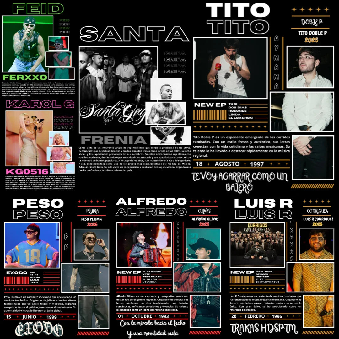 Collage artístico de cantantes urbanos y géneros musicales mexicanos con textos destacados y fondos llamativos, marca LimitedMX. Diseño digital para impresión DTF y Sublimación. Alta Resolución.