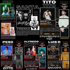 Collage artístico de cantantes urbanos y géneros musicales mexicanos con textos destacados y fondos llamativos, marca LimitedMX. Diseño digital para impresión DTF y Sublimación. Alta Resolución.