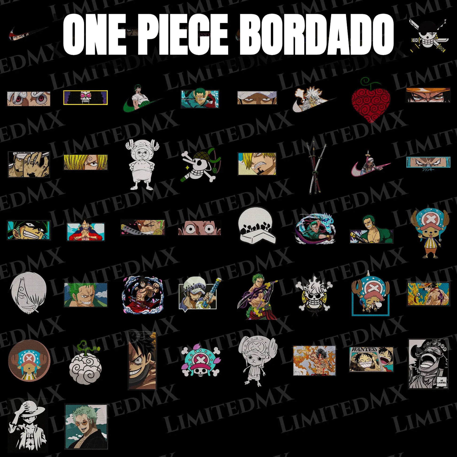 Pack de diseños bordados tipo parche con personajes de anime y elementos de One Piece sobre fondo negro. Diseño digital para impresión DTF y Sublimación, Alta Resolución. LimitedMX.