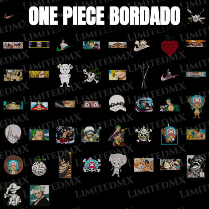 Pack de diseños bordados tipo parche con personajes de anime y elementos de One Piece sobre fondo negro. Diseño digital para impresión DTF y Sublimación, Alta Resolución. LimitedMX.
