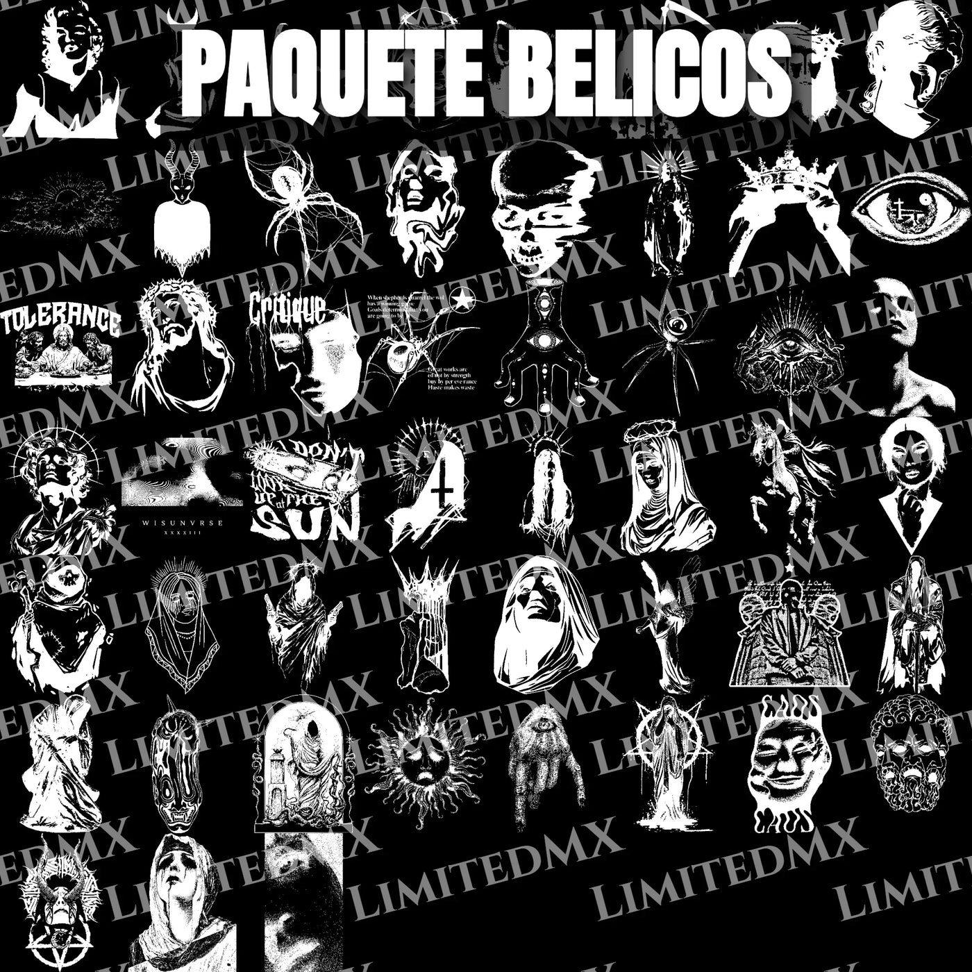Paquete de diseños artísticos belicos en blanco y negro con figuras humanas y símbolos, marca LimitedMX. Diseño digital para impresión DTF y Sublimación. Alta Resolución.