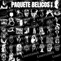 Paquete de diseños artísticos belicos en blanco y negro con figuras humanas y símbolos, marca LimitedMX. Diseño digital para impresión DTF y Sublimación. Alta Resolución.